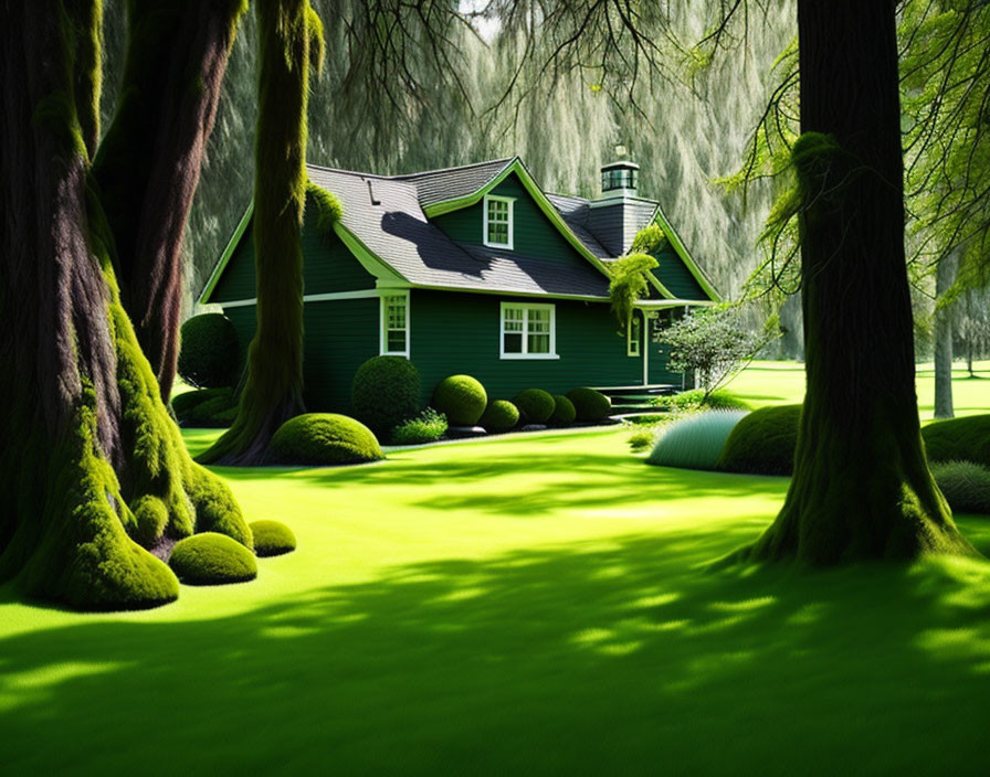 Green Cottage Surrounded by Trees and Sunlight