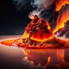 Miniature volcano eruption with flowing lava on reflective surface