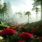 Fantastical forest scene with oversized red mushrooms and lush green trees