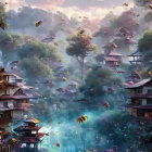 Whimsical multilevel village in mist with bees and petals under warm light