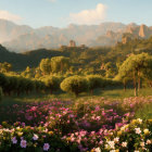 Colorful digital landscape with rolling hills, flowers, birds, and cliffs under sunny sky