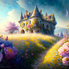 Castle surrounded by blossoming flowers on sunlit hill - vibrant, dreamlike setting