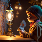 Boy and cartoon fox by vintage lamp and window with glowing trees and bokeh lights