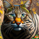 Colorful Cat Illustration with Exaggerated Eyes in Autumnal Background