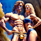 Muscular Animated Man and Woman Stand Strong Against Rocky Backdrop