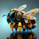 Detailed Close-Up of Bee in Flight with Transparent Wings and Pollen against Soft Blue Background