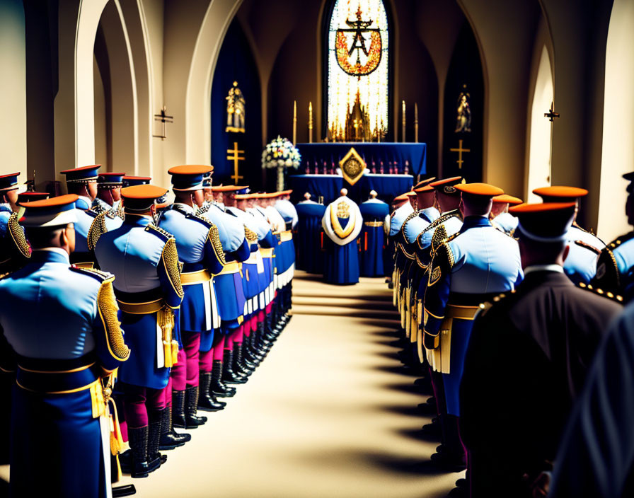 Ceremonial guards in colorful uniforms at church event