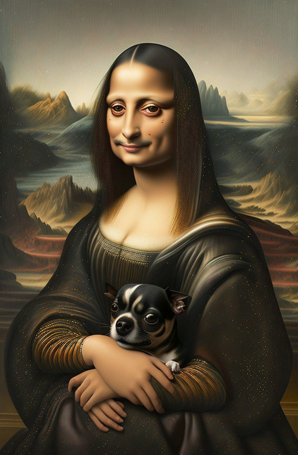 Iconic Mona Lisa with wide-eyed Chihuahua against mountains