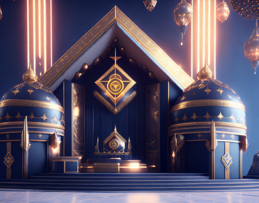 Fantastical Building Interior with Glowing Golden Accents