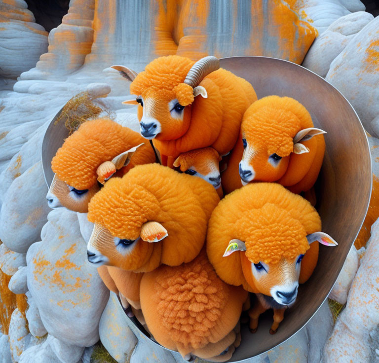 Vivid Orange Sheep with Curved Horns in Metallic Bowl