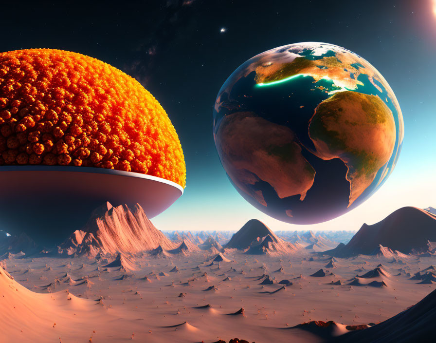 Surreal sci-fi landscape with oversized sun and detailed Earth above alien desert terrain