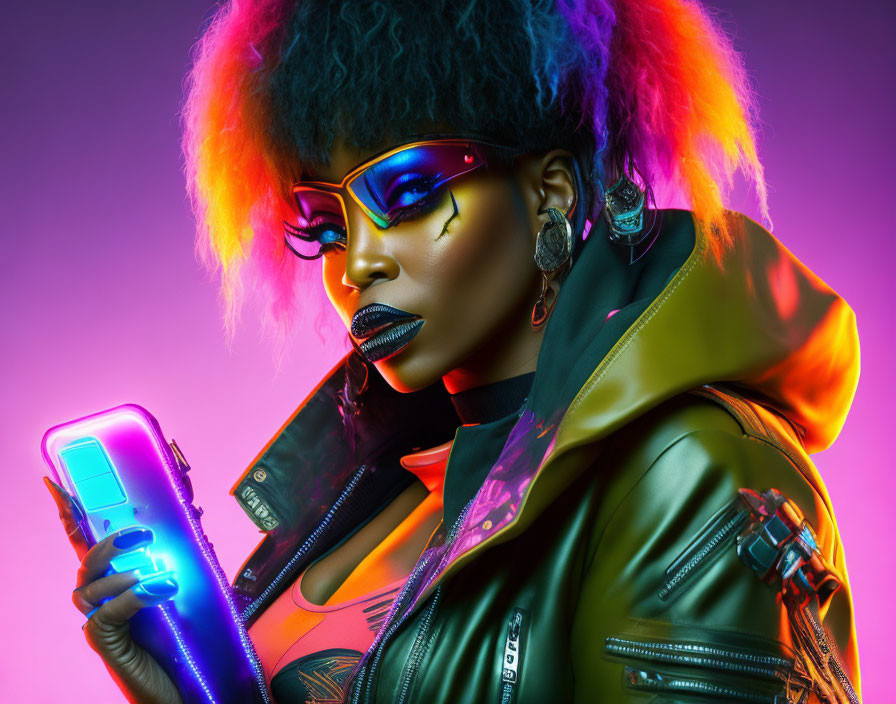 Vibrant neon makeup and Afro hair on a woman with a futuristic device