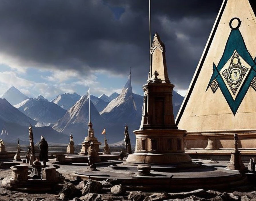 Fantasy setting with ornate stone spires, symbolic tent, dramatic mountains.