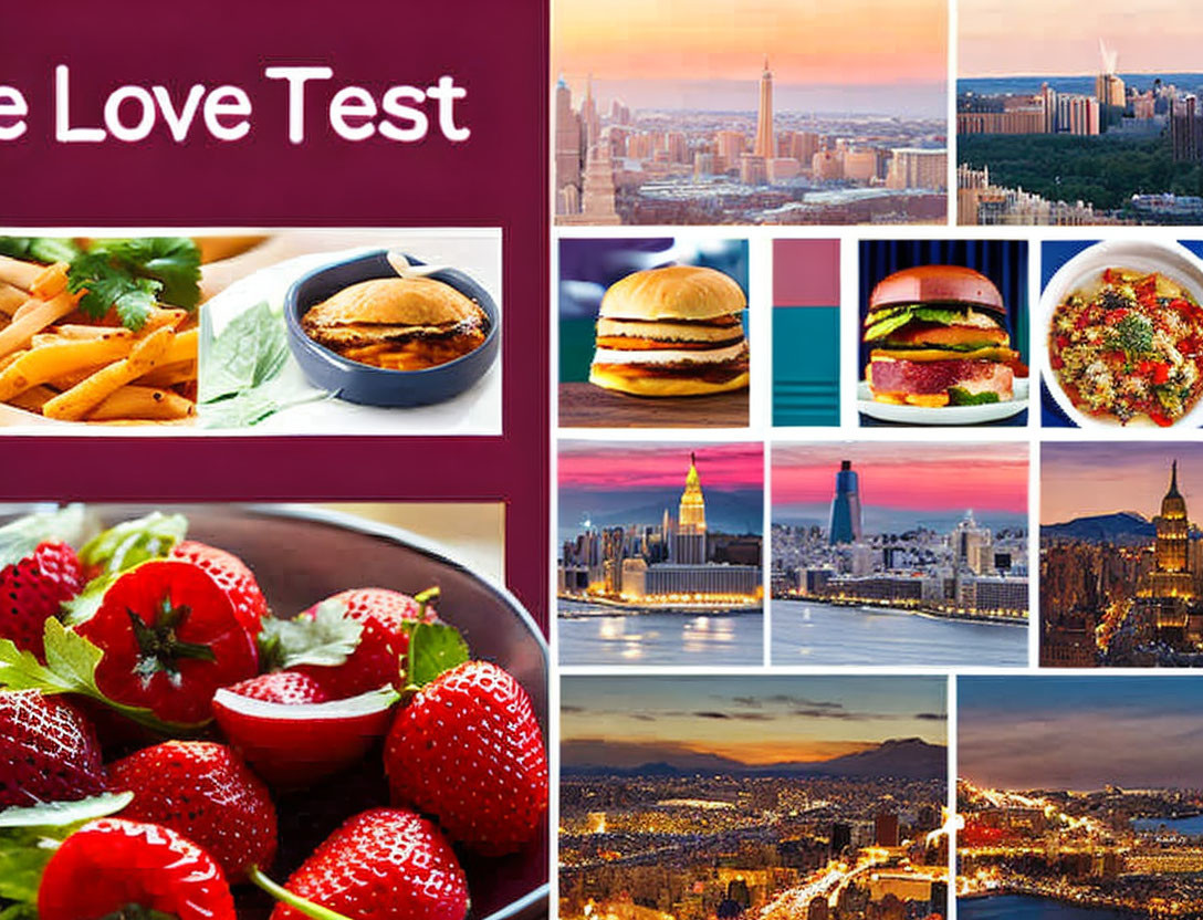 Assorted images of cityscapes, love test app, pasta, burgers, strawberries, and salad