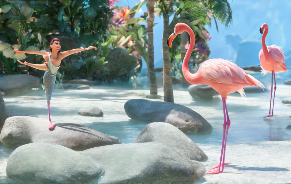 Ballerina mimics flamingos near river in lush setting