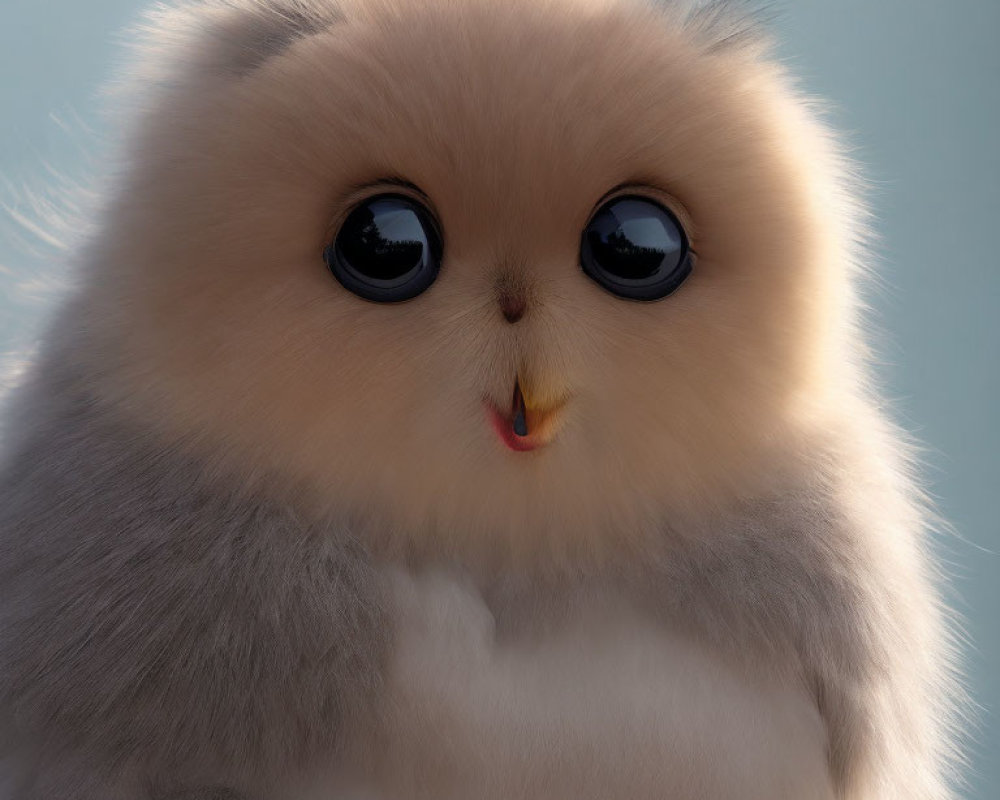 Fluffy creature with large black eyes and soft grey fur