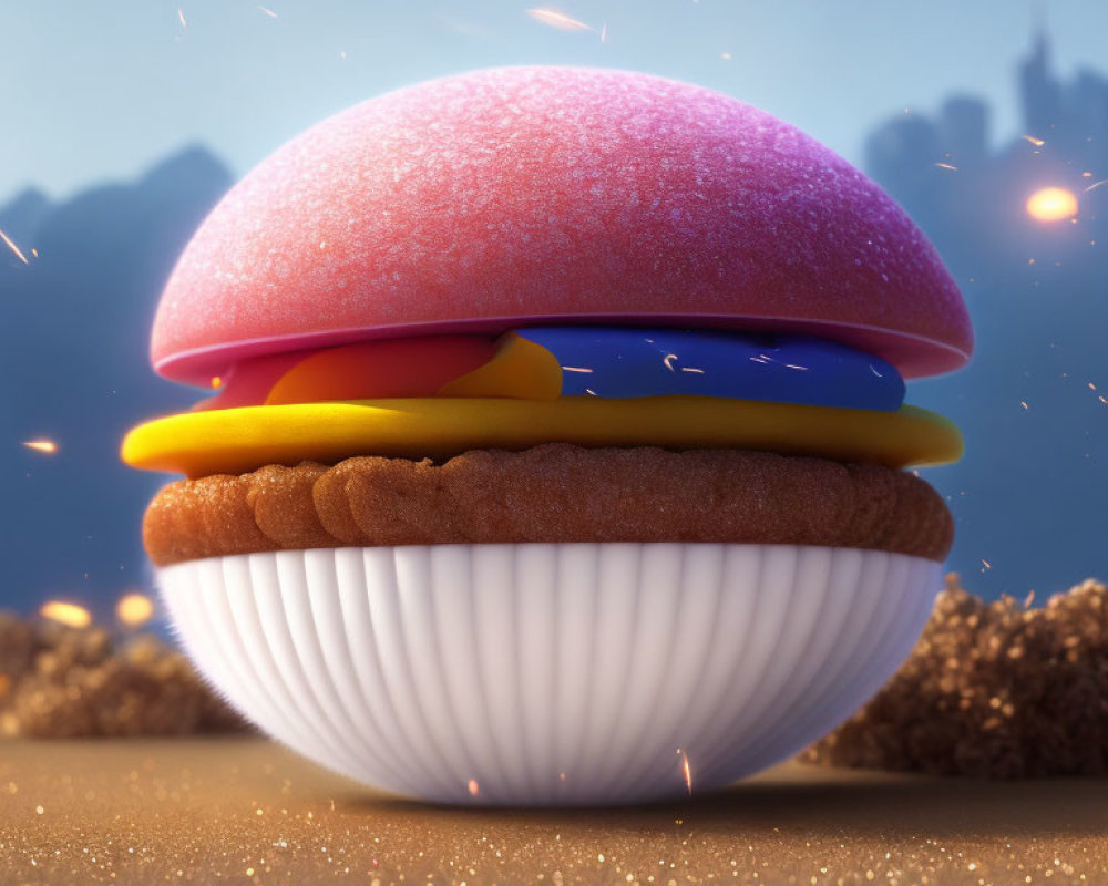 Whimsical burger with dessert layers on twilight backdrop