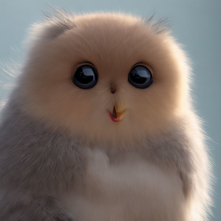 Fluffy creature with large black eyes and soft grey fur