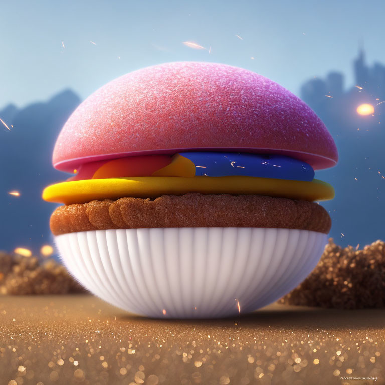 Whimsical burger with dessert layers on twilight backdrop