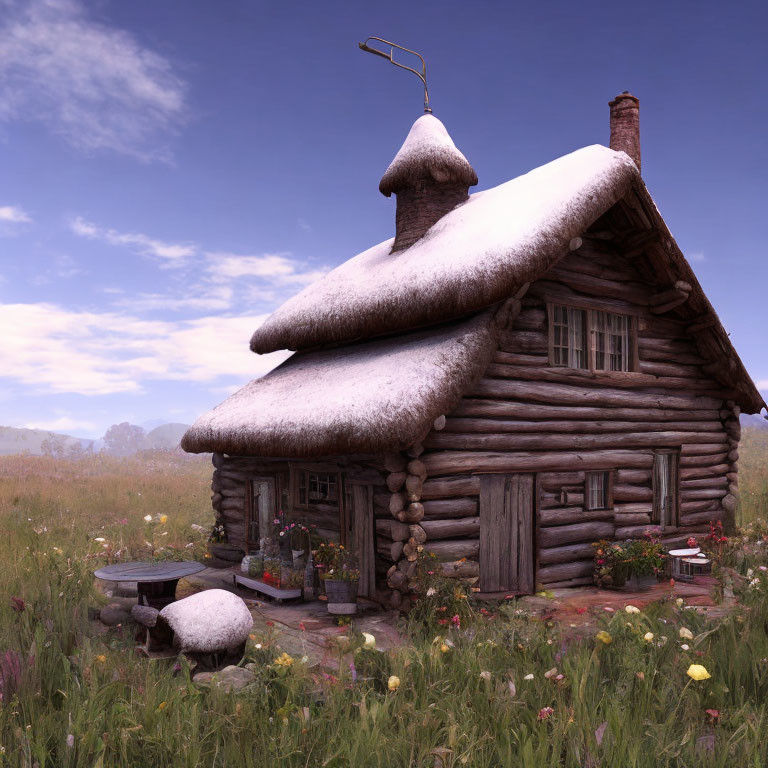 Traditional wooden cottage with thatched roof in snow, stone path, wildflowers, bench under clear sky