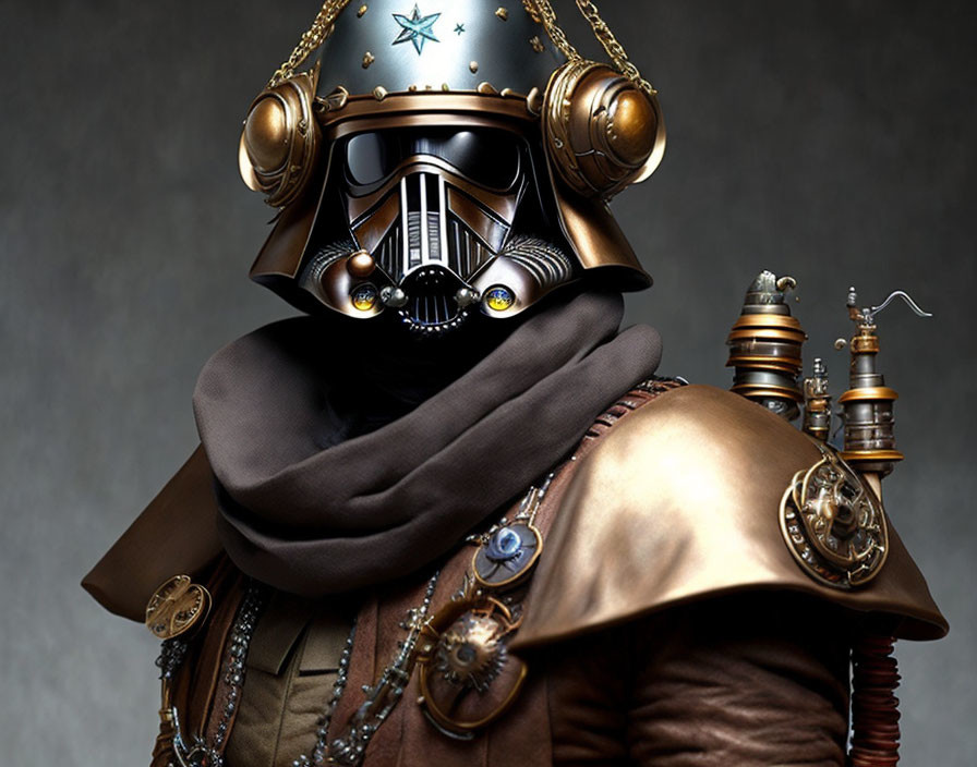 Steampunk character with brass helmet and brown cloak