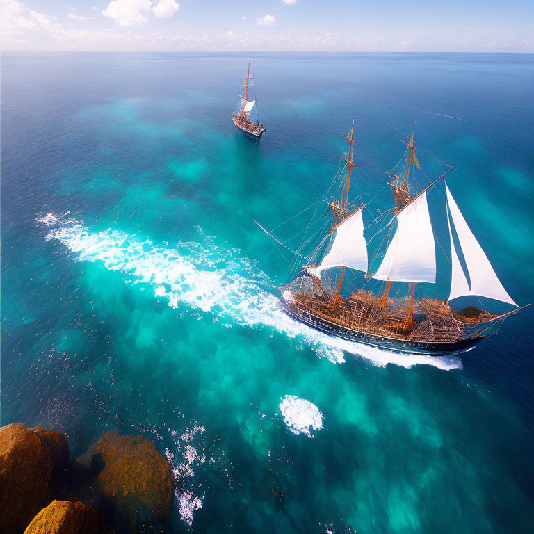 Tall ships with billowing sails on vibrant blue ocean near rocky coast