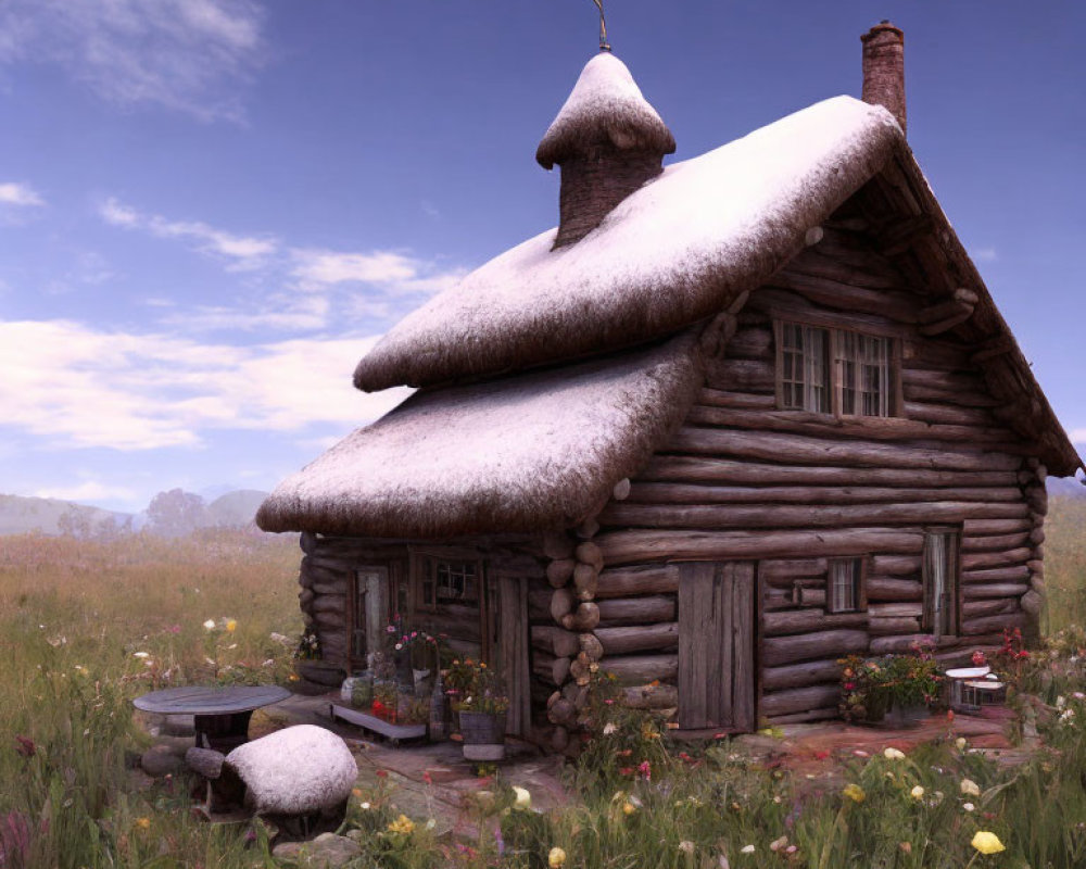 Traditional wooden cottage with thatched roof in snow, stone path, wildflowers, bench under clear sky