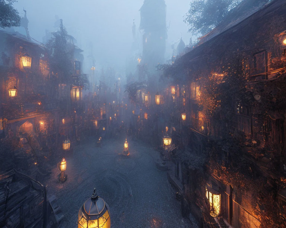 Misty cobblestone street in deserted medieval village at dusk