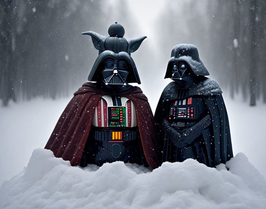 Two Darth Vader Figures in Snowy Landscape with Classic Black Helmets