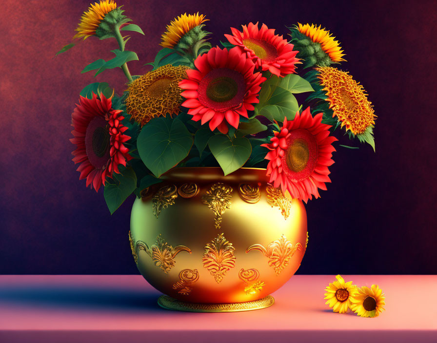 Red and Yellow Sunflower Bouquet in Golden Vase on Dual-tone Background