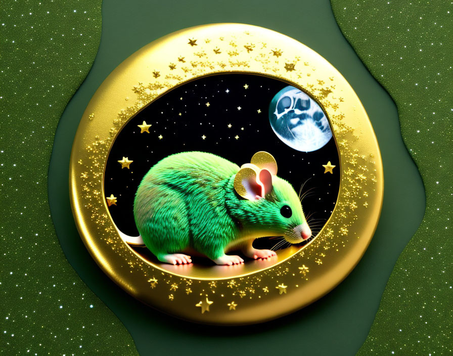 Green Mouse in Golden Frame with Stars on Cosmic Background