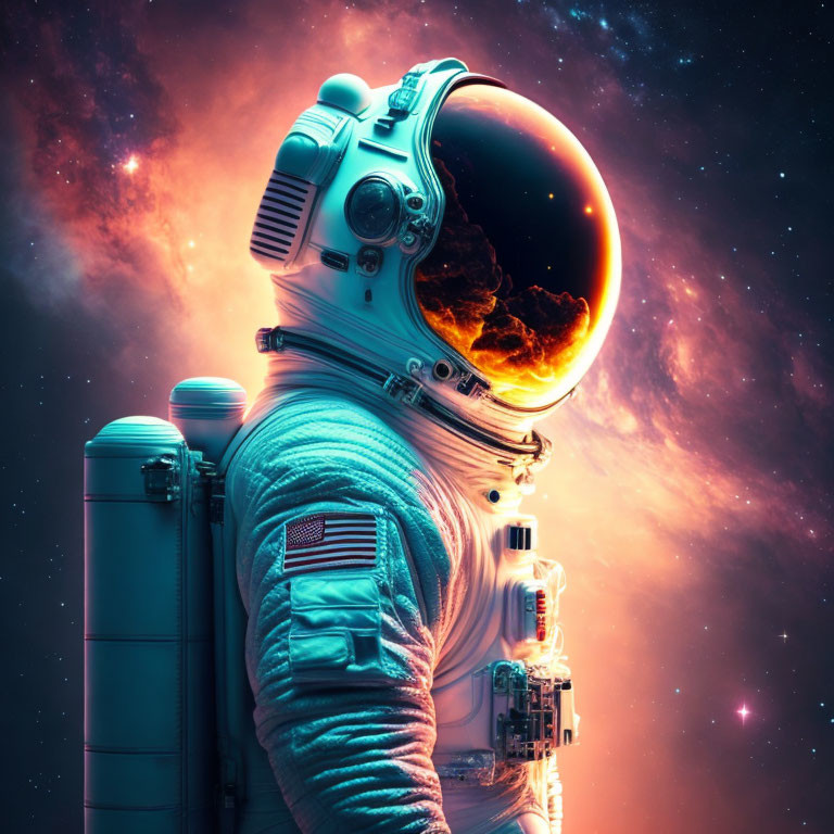 Astronaut with exploding planet reflection in vibrant cosmic setting