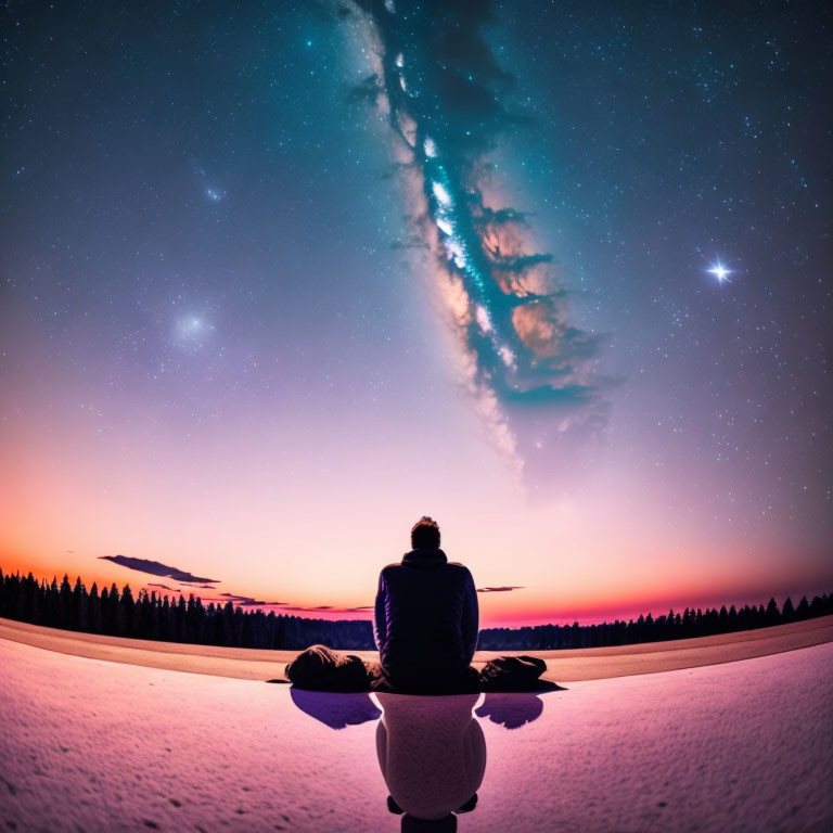 Starry sky over snow-covered landscape with Milky Way view