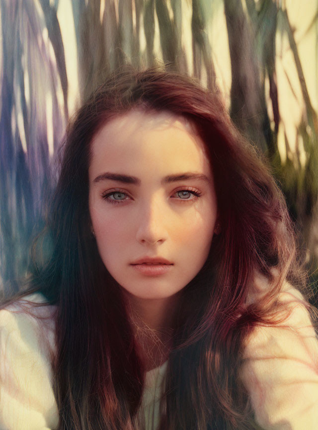 Woman with long auburn hair and blue eyes in calm gaze against blurred natural background