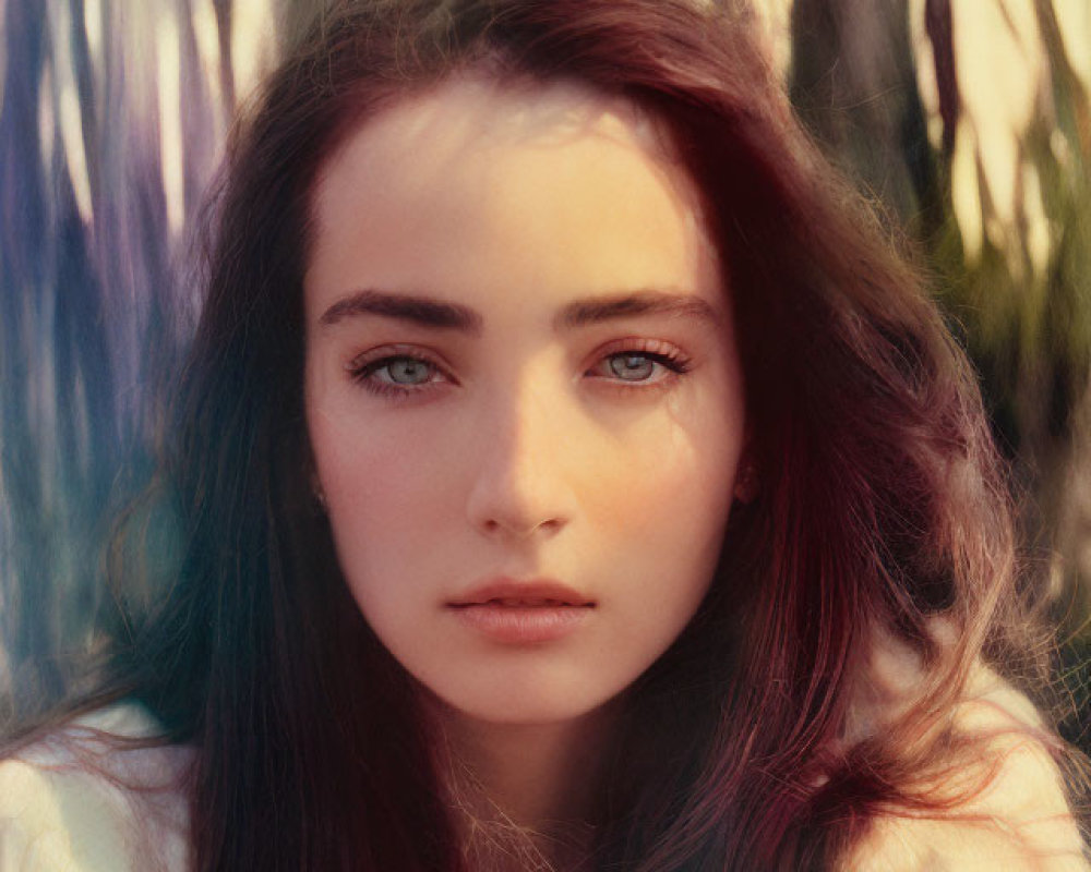 Woman with long auburn hair and blue eyes in calm gaze against blurred natural background