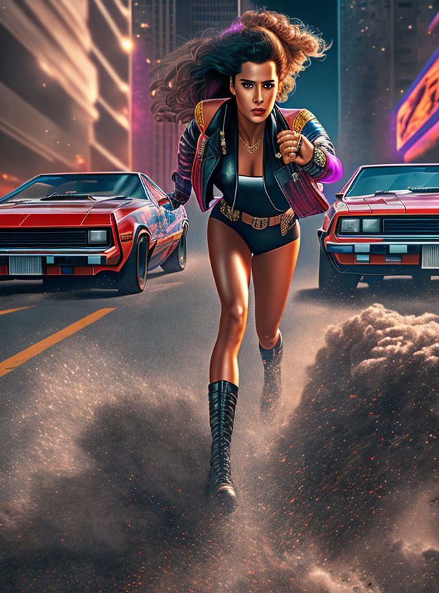 Punk-styled woman sprints between vintage muscle cars in urban setting at sunset