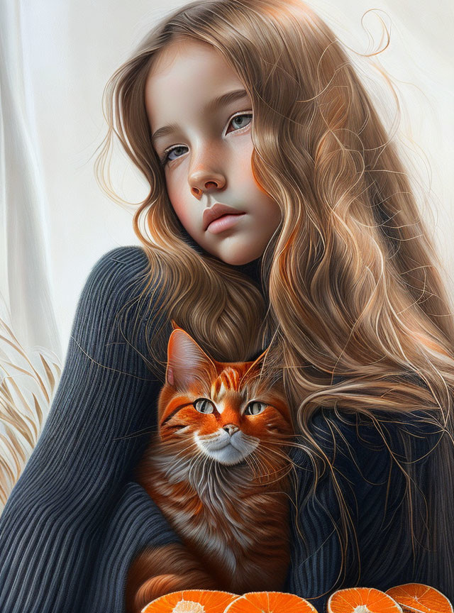 Girl with Curly Hair Holding Orange Tabby Cat and Plate of Orange Slices