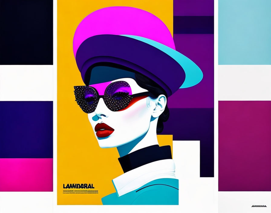 Colorful Pop Art Portrait of Woman with Pink Hat and Sunglasses