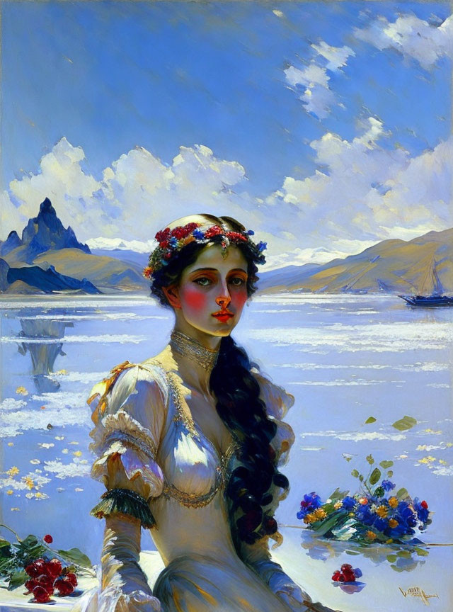 Woman with floral wreath by frozen lake and mountains.