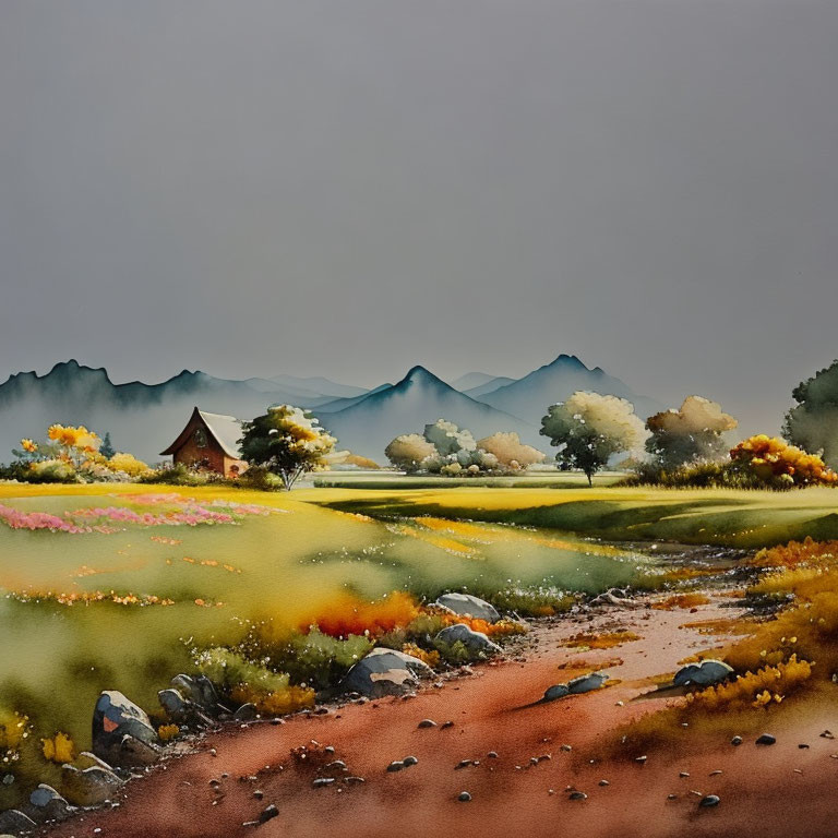 Scenic landscape painting: fields, cottage, mountains