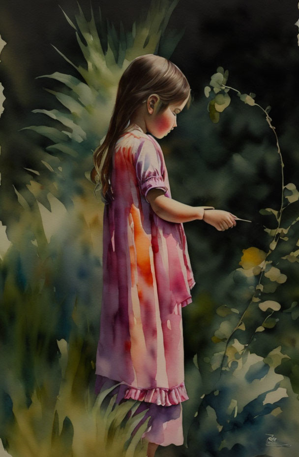 Young girl in pink and purple tie-dye dress among tall green plants touching yellow flowers.