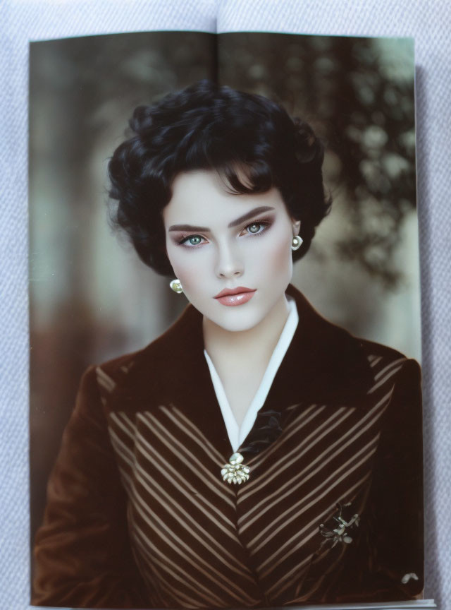 Vintage makeup portrait of a woman with black wavy hair and green eyes in a brown suit.