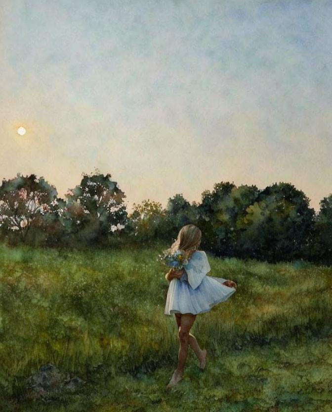 Young girl in dress running through grassy field at sunset with flowers and trees.