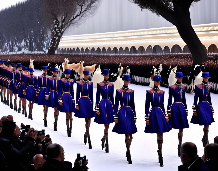 Fashion Show: Models in Blue Ensembles on Runway with Stylish Set Design