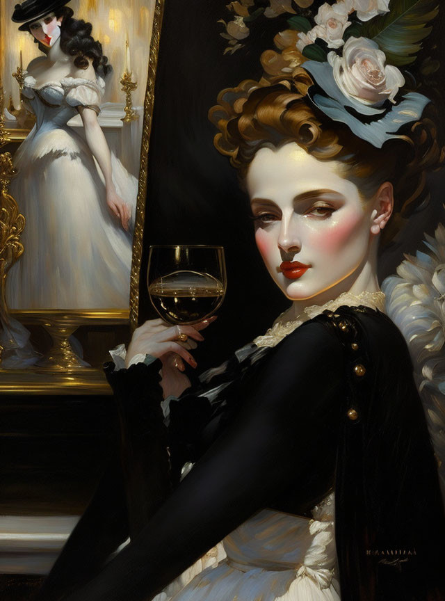 Portrait of elegant woman in black dress with white fur collar holding a glass of wine.