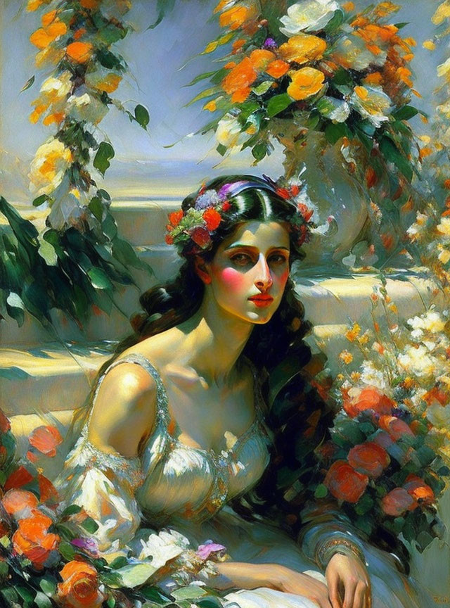 Woman with floral wreath beside blooming roses in sunlight