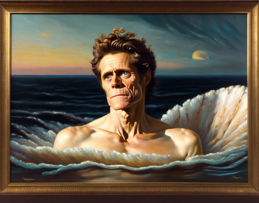 Man with Intense Eyes Emerging from Ocean Waves at Sunset