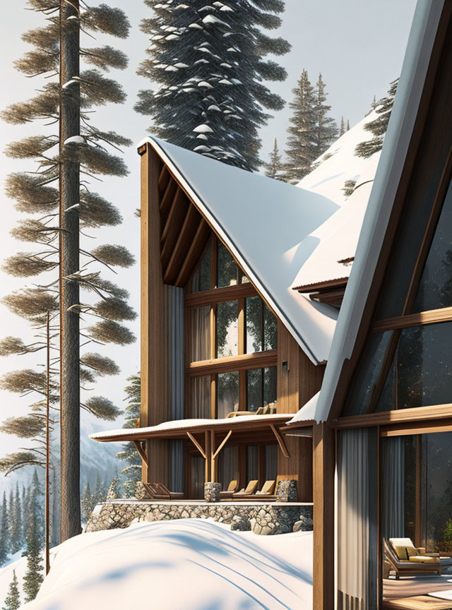 Modern Cabin Surrounded by Snowy Forest and Large Windows