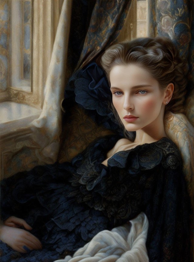 Portrait of Woman with Blue Eyes and Light Brown Hair in Elegant Dark Gown by Window with Vintage Dr