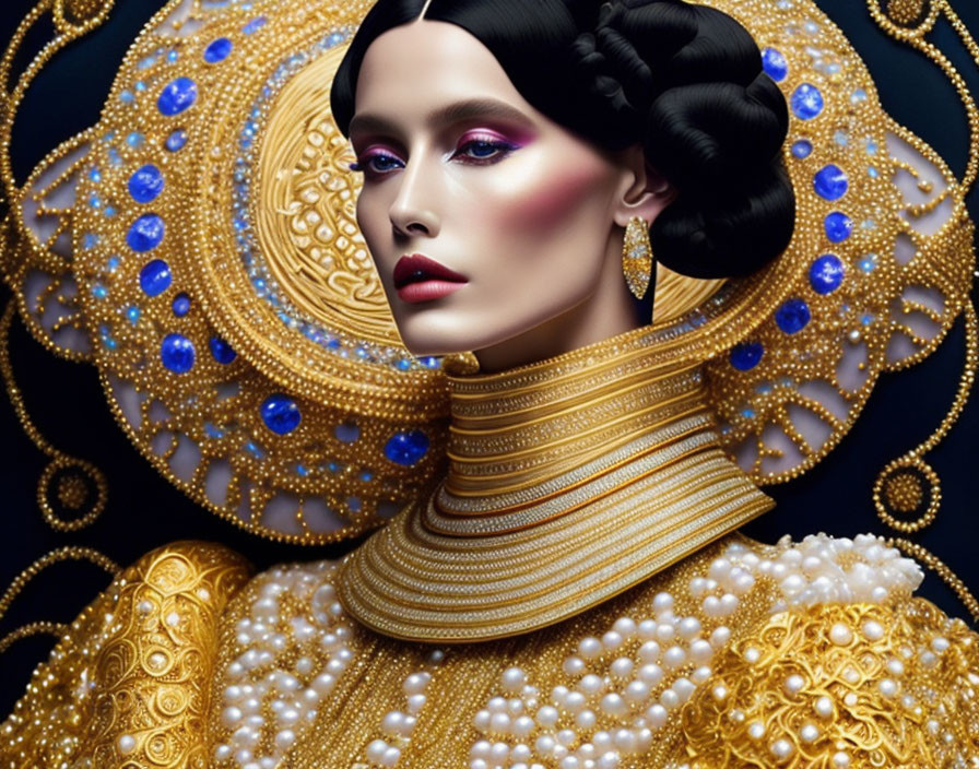 Elaborate Golden Jewelry and Pearls on Woman Against Dark Background